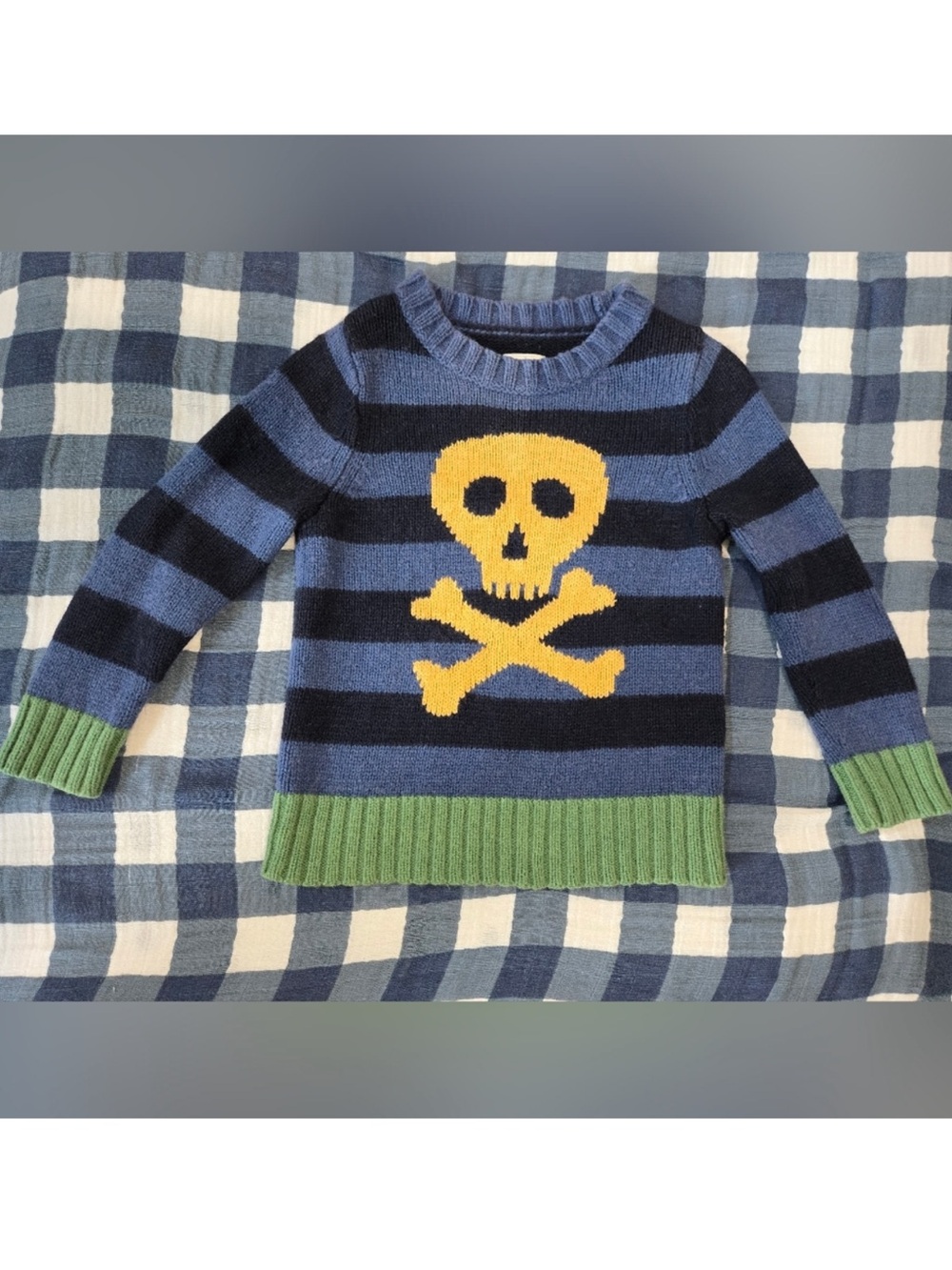 Mini Boden Stripe Skull Sweater 2-3 years pirate blue, green and yellow